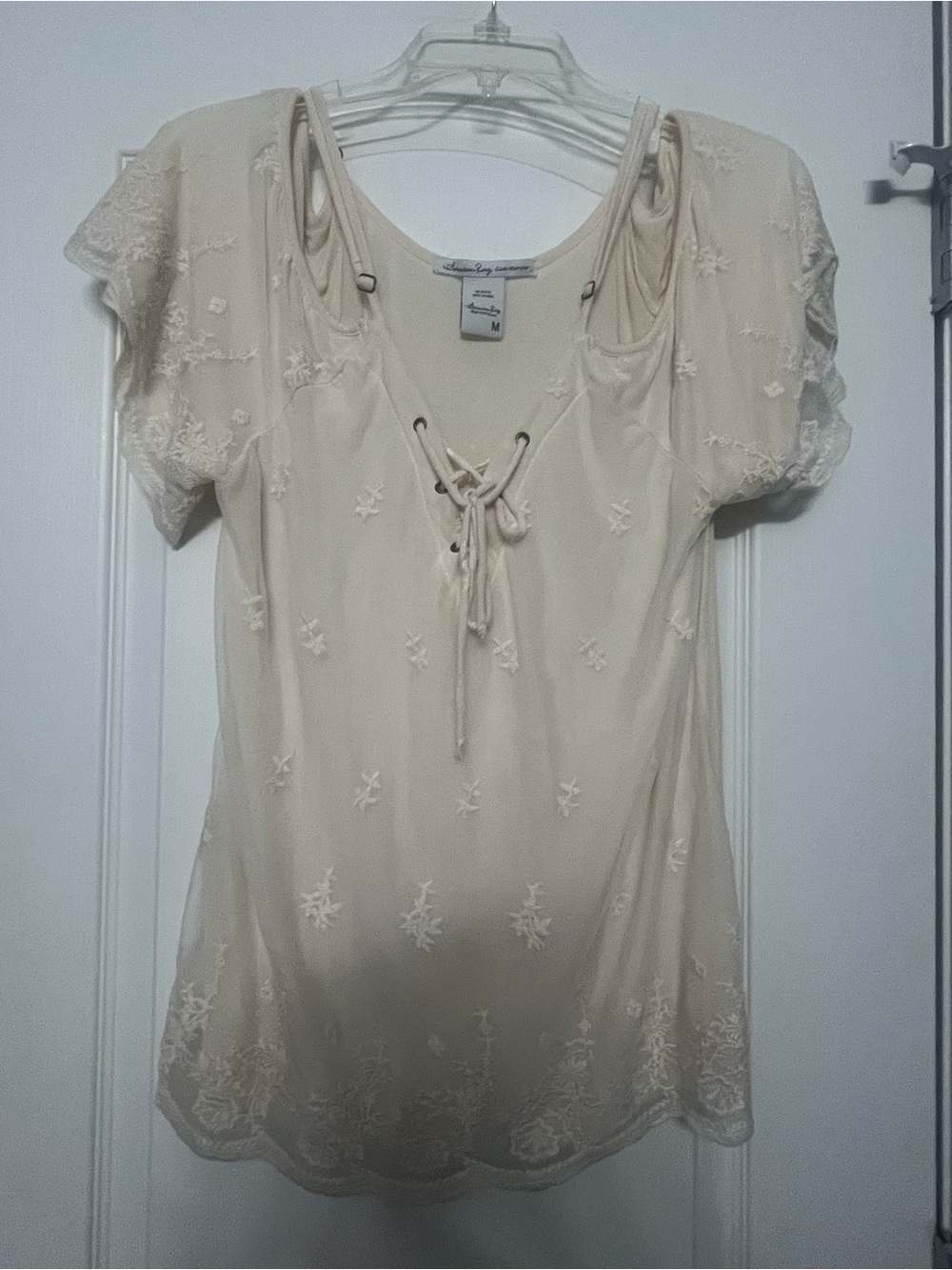 American Rag Women's Cream Lace-Embroidered Cold Shoulder Blouse